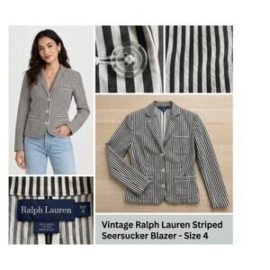 VTG Ralph Lauren Striped Linen Cotton Blazer - Size 4 - Navy/White - EUC